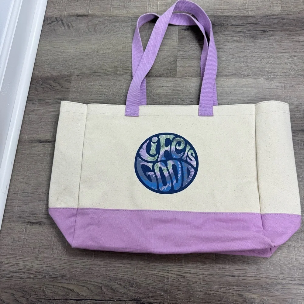 Life is Good Canvas Tote Bag Groovy Tye Dye Cream Purple Pool Travel Beach Boat